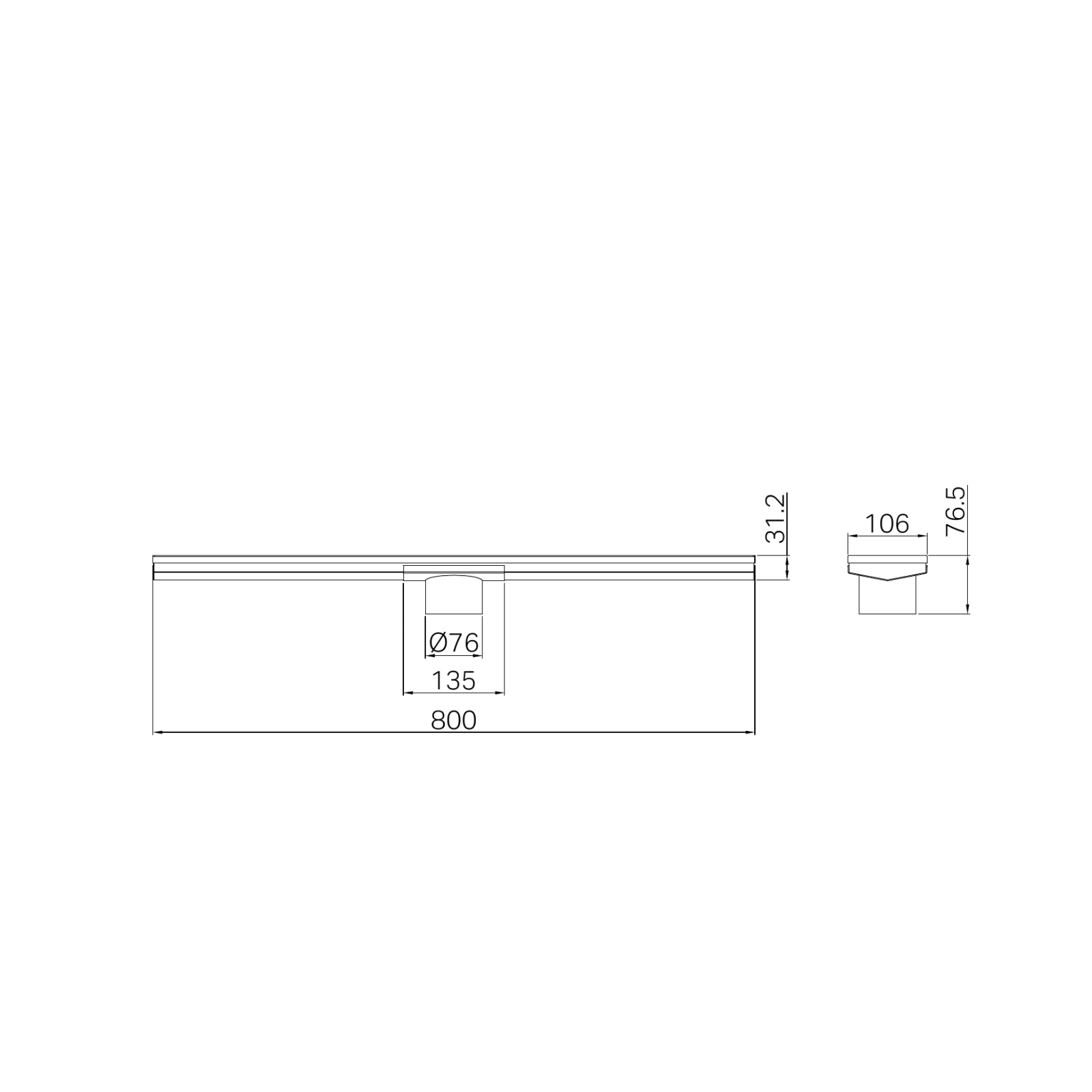 Technical Drawing Nero Tile Insert V Channel 800x106mm Floor Grate 90mm Outlet Matte Black NRFG010HSMB - The Blue Space