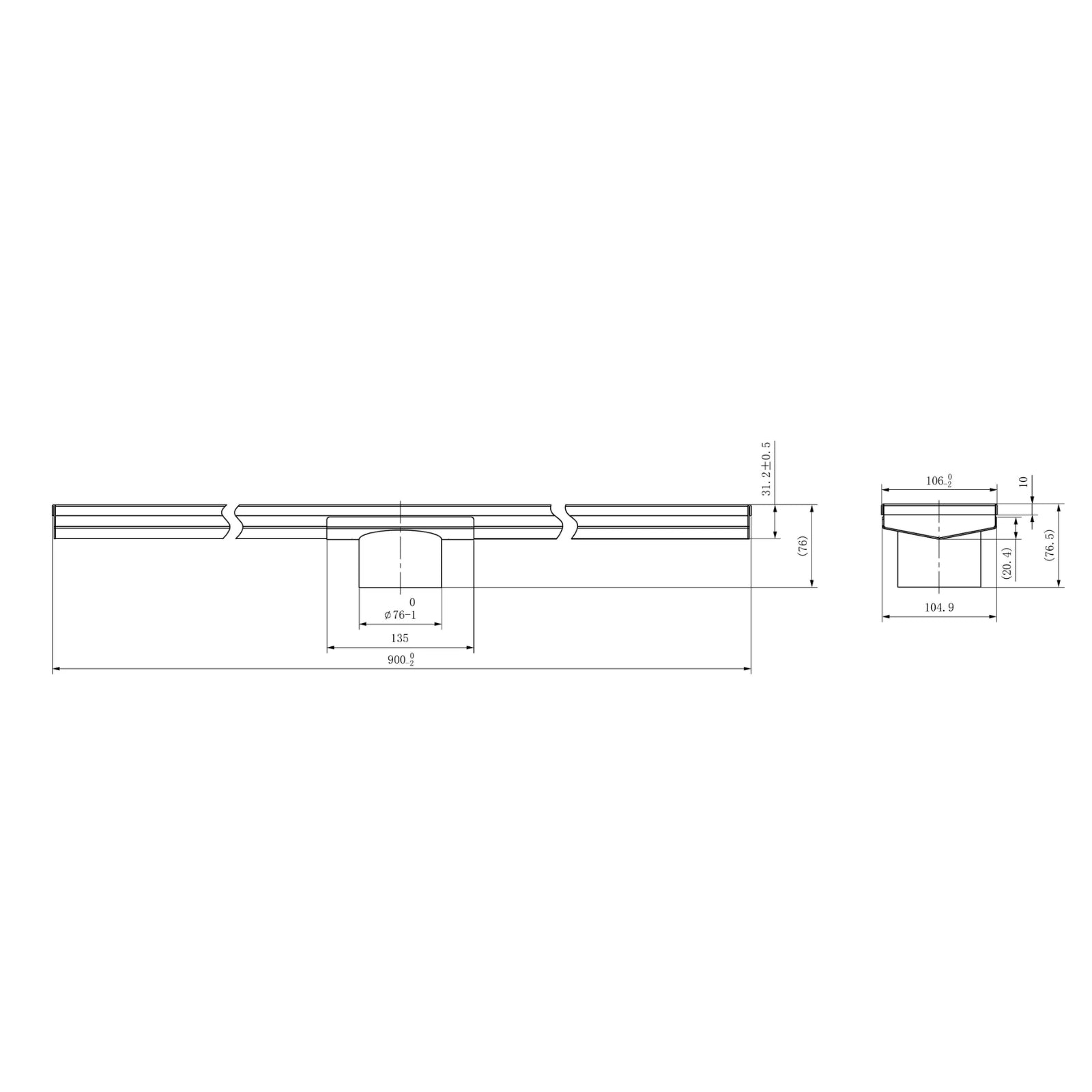 Technical Drawing Nero Tile Insert V Channel 900x106mm Floor Grate 80mm Outlet Brushed Nickel NRFG003HSBN - The Blue Space