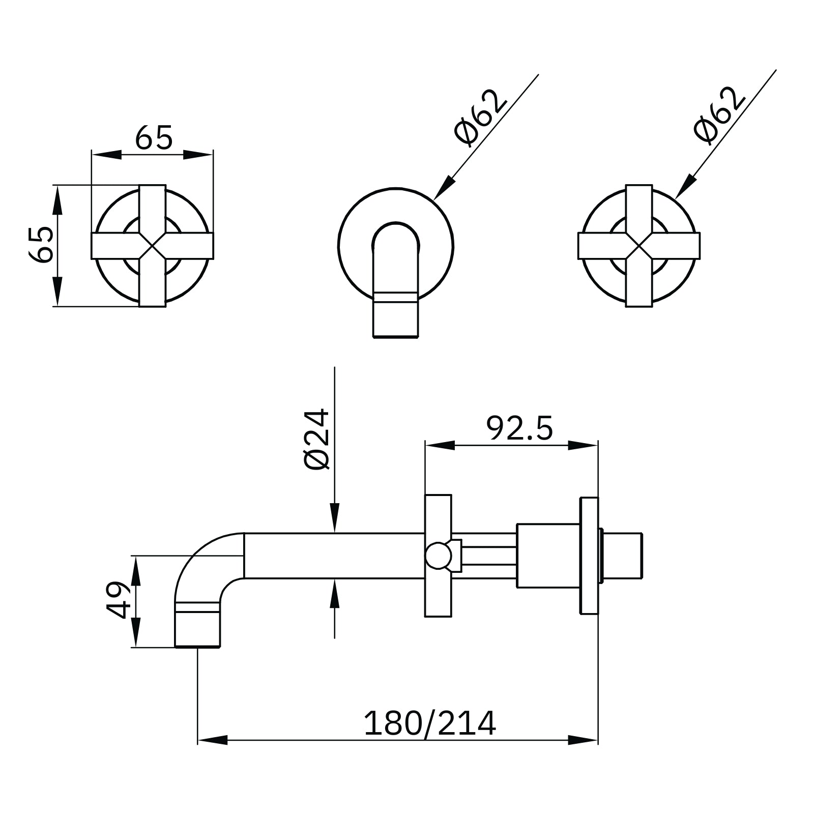 Technical Drawing Nero X Plus Wall Basin Set 215mm Brushed Nickel NR201607ABN - The Blue Space