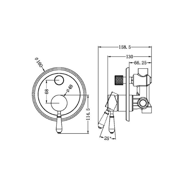 Technical Drawing Nero York Shower Mixer With Divertor With White Porcelain Lever Brushed Nickel NR692109A01BN - The Blue Space