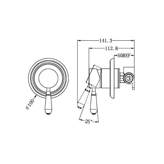 Technical Drawing Nero York Shower Mixer With Metal Lever Brushed Nickel NR69210902BN - The Blue Space