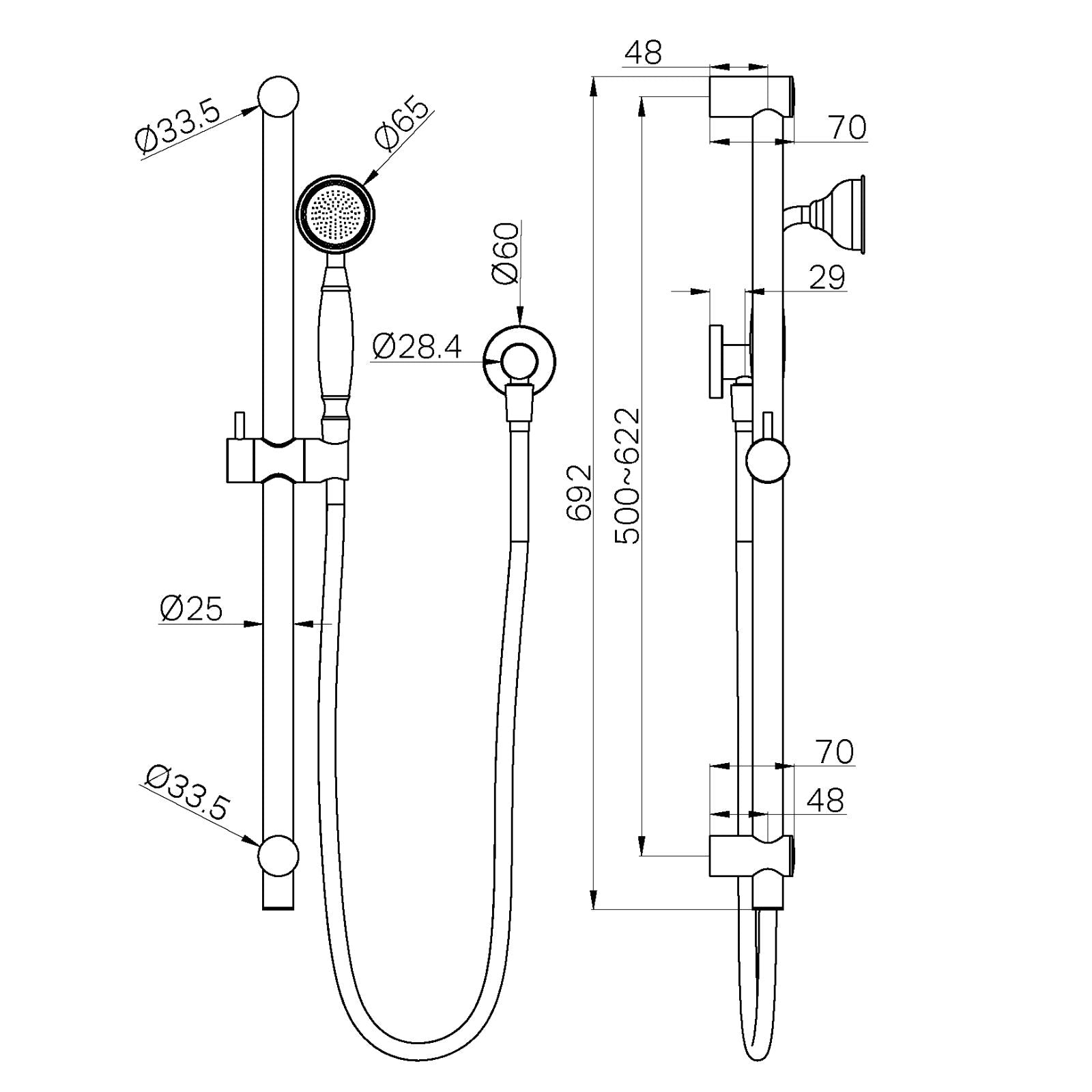 Technical Drawing Nero York Shower Rail With White Porcelain Hand Shower Chrome NR692105A01CH - The Blue Space