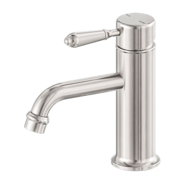 Nero York Straight Basin Mixer With Metal Lever Brushed Nickel