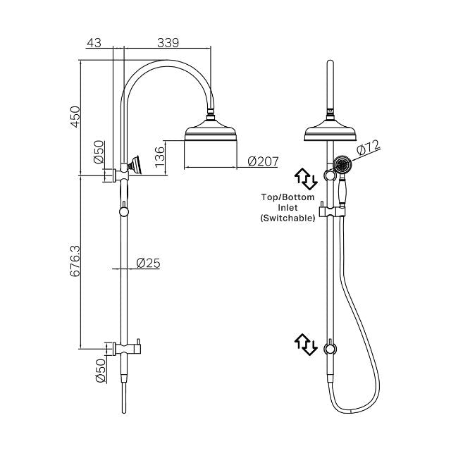 Technical Drawing Nero York Twin Shower With White Porcelain Hand Shower Brushed Nickel NR69210501BN - The Blue Space