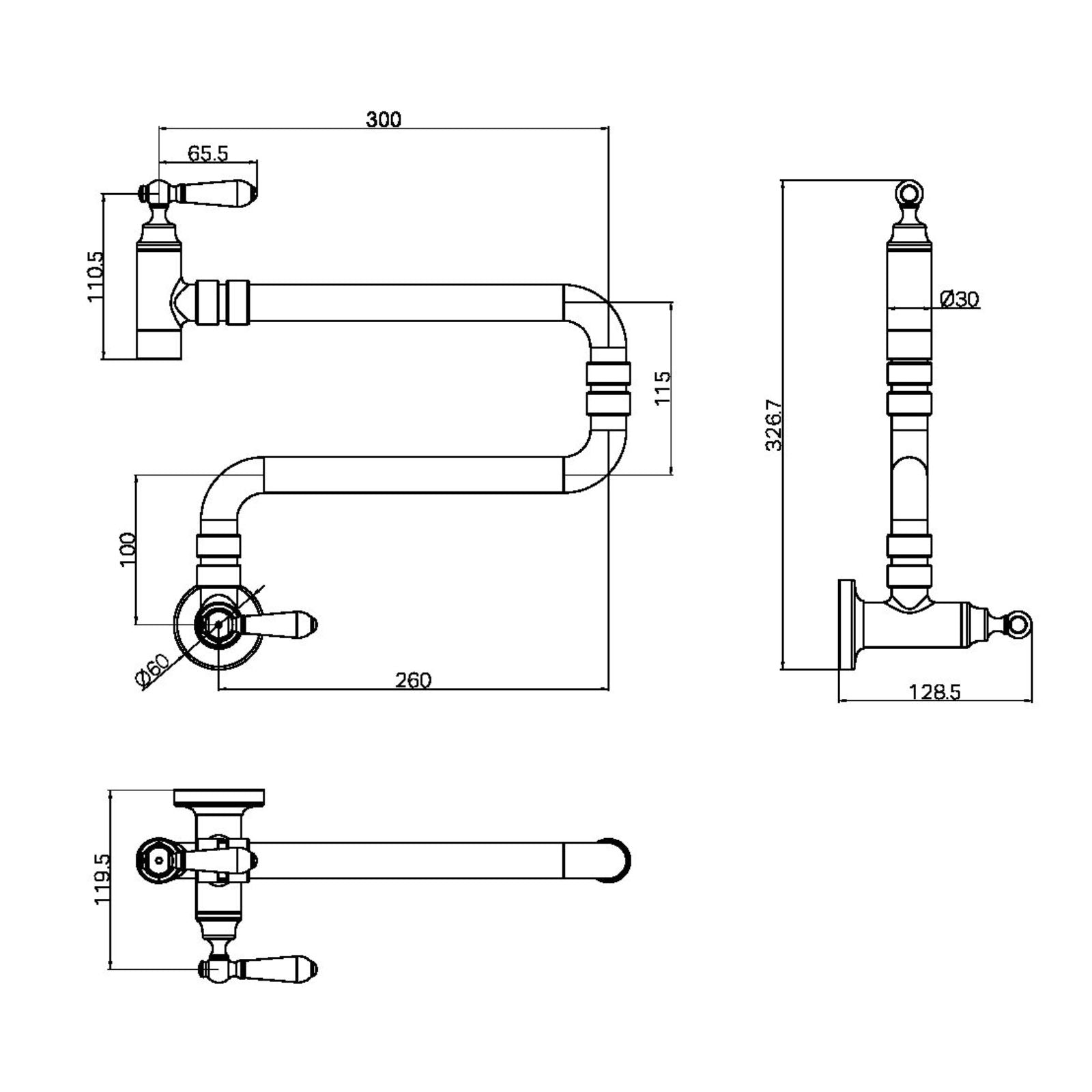 Technical Drawing Nero York Wall Mounted Pot Filler Aged Brass NR692103CAB - The Blue Space
