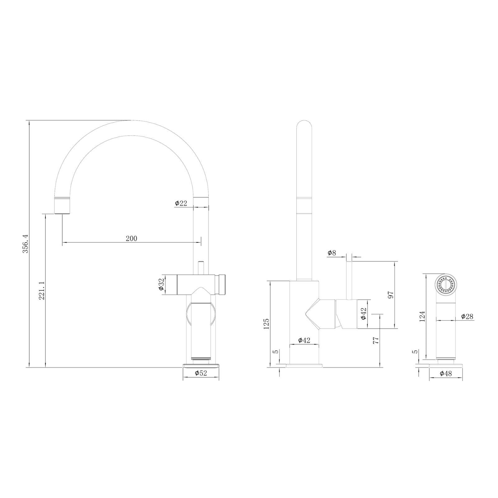 Technical Drawing Nero Zen SS316L Kitchen Mixer With Hand Spray Brushed Gold NR162208BG - The Blue Space