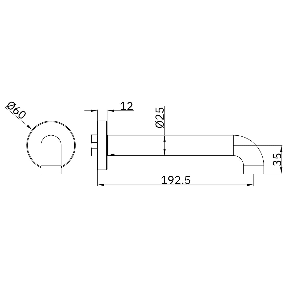 Technical Drawing Nero Zen SS316L Round Basin Bath Spout Only 185mm II - Brushed Bronze NR162203C185BZ - The Blue Space