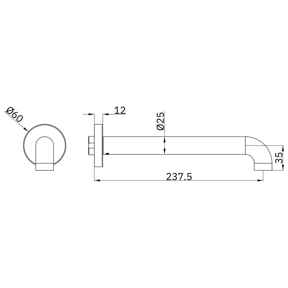 Technical Drawing Nero Zen SS316L Round Basin Bath Spout Only 230mm II - Graphite NR162203C230GR - The Blue Space