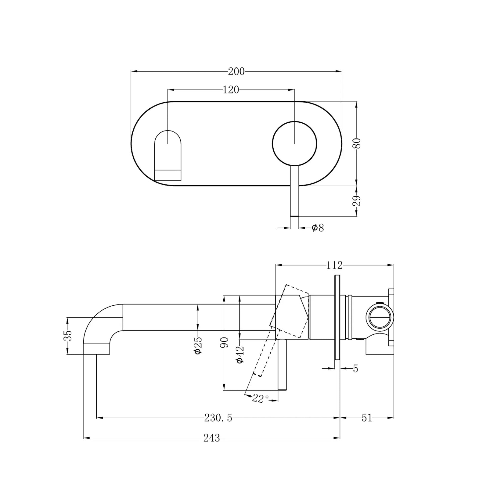 Technical Drawing Nero Zen SS316L Wall Basin/Bath Mixer 230mm Spout Graphite NR162210A230GR_KIT - The Blue Space