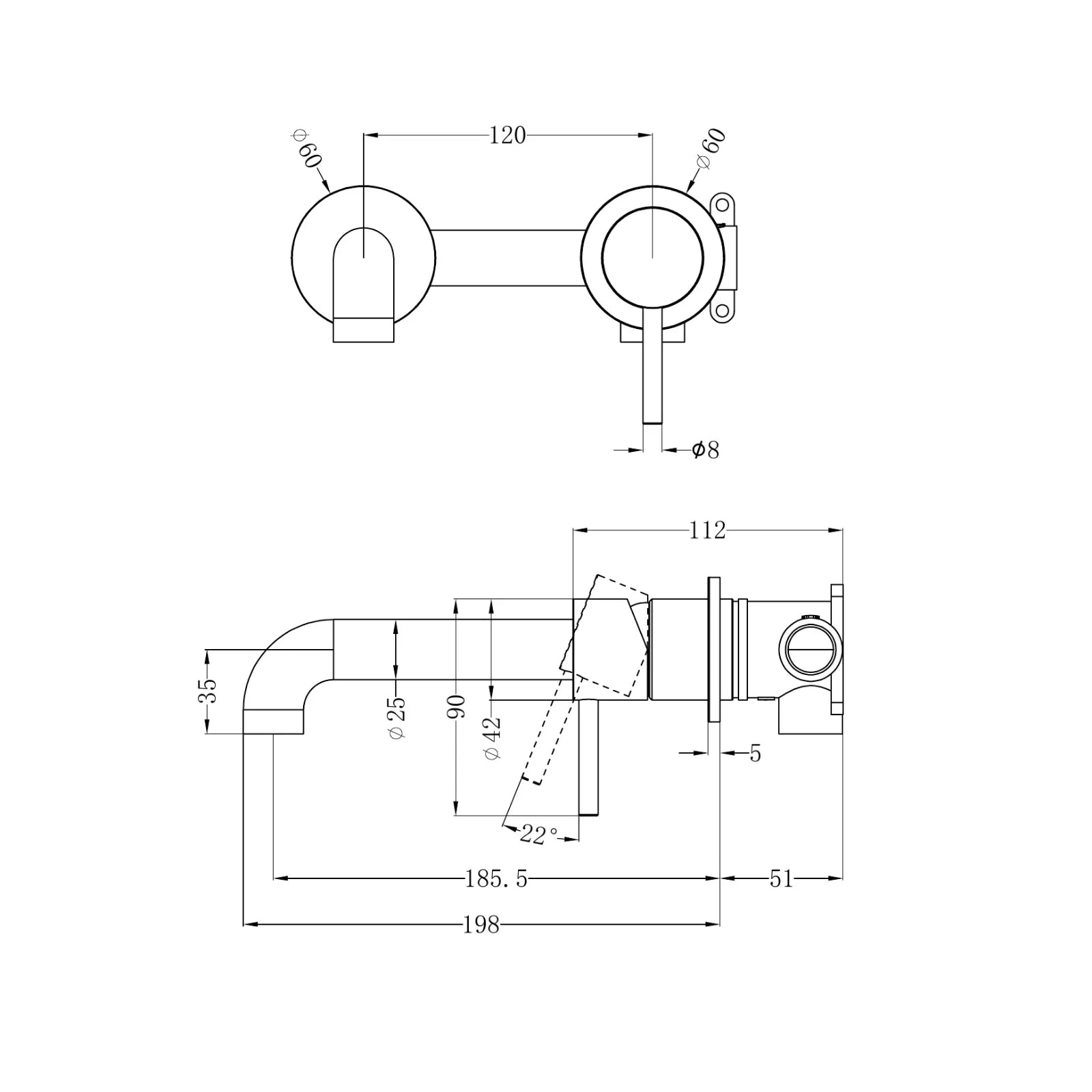 Technical Drawing Nero Zen SS316L Wall Basin/Bath Mixer Separate Back Plate 185mm Spout Graphite NR162210B185GR_KIT - The Blue Space