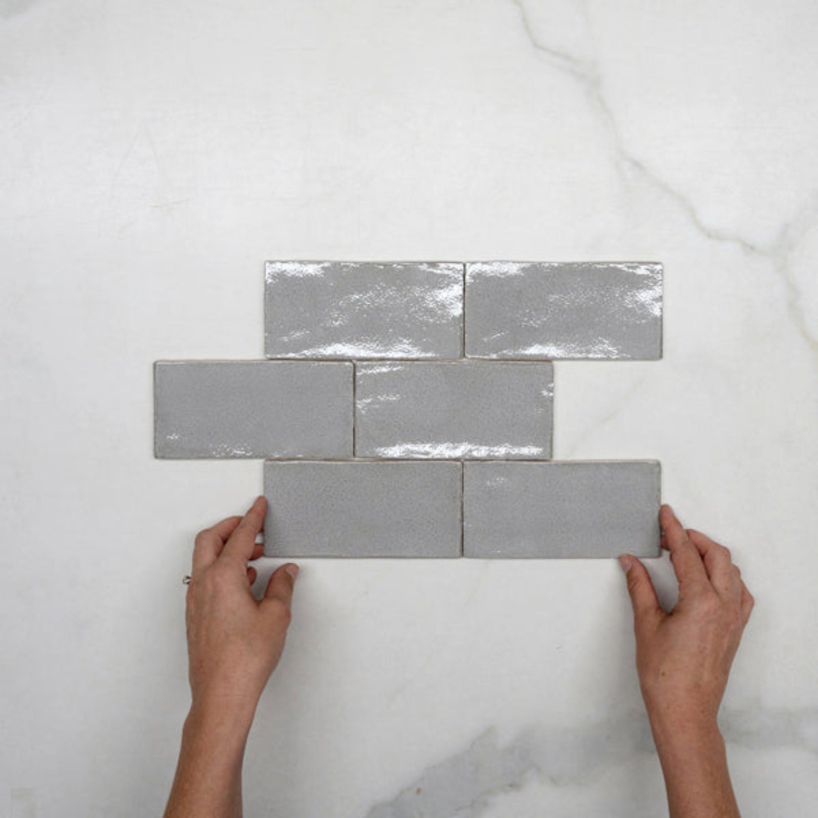 Pattern With Hand Nickel Grey Dianna Hand Made Subway Tile 75 x 150 x 9mm Spanish Ceramic - The Blue Space