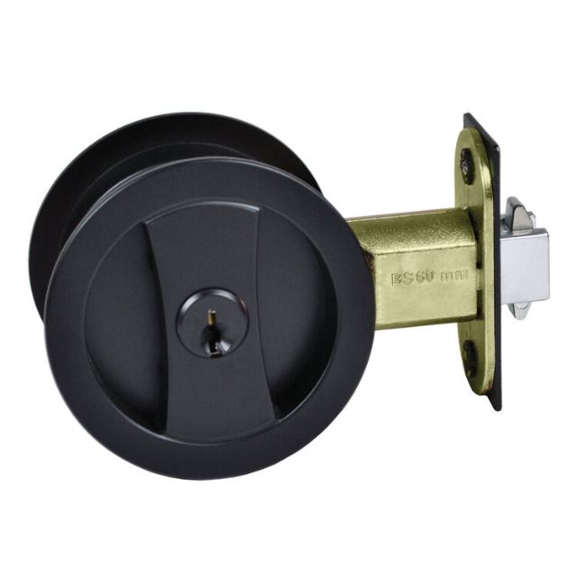 Nidus Lockable Sliding Cavity Door Round Backplate Entrance Set Include End Pull Matte Black CSC-LK-RD-BL-V - The Blue Space