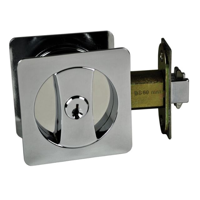 Nidus Lockable Sliding Cavity Door Square Backplate Entrance Set Include End Pull Polished Chrome CSC-LK-SQ-CP-V - The Blue Space
