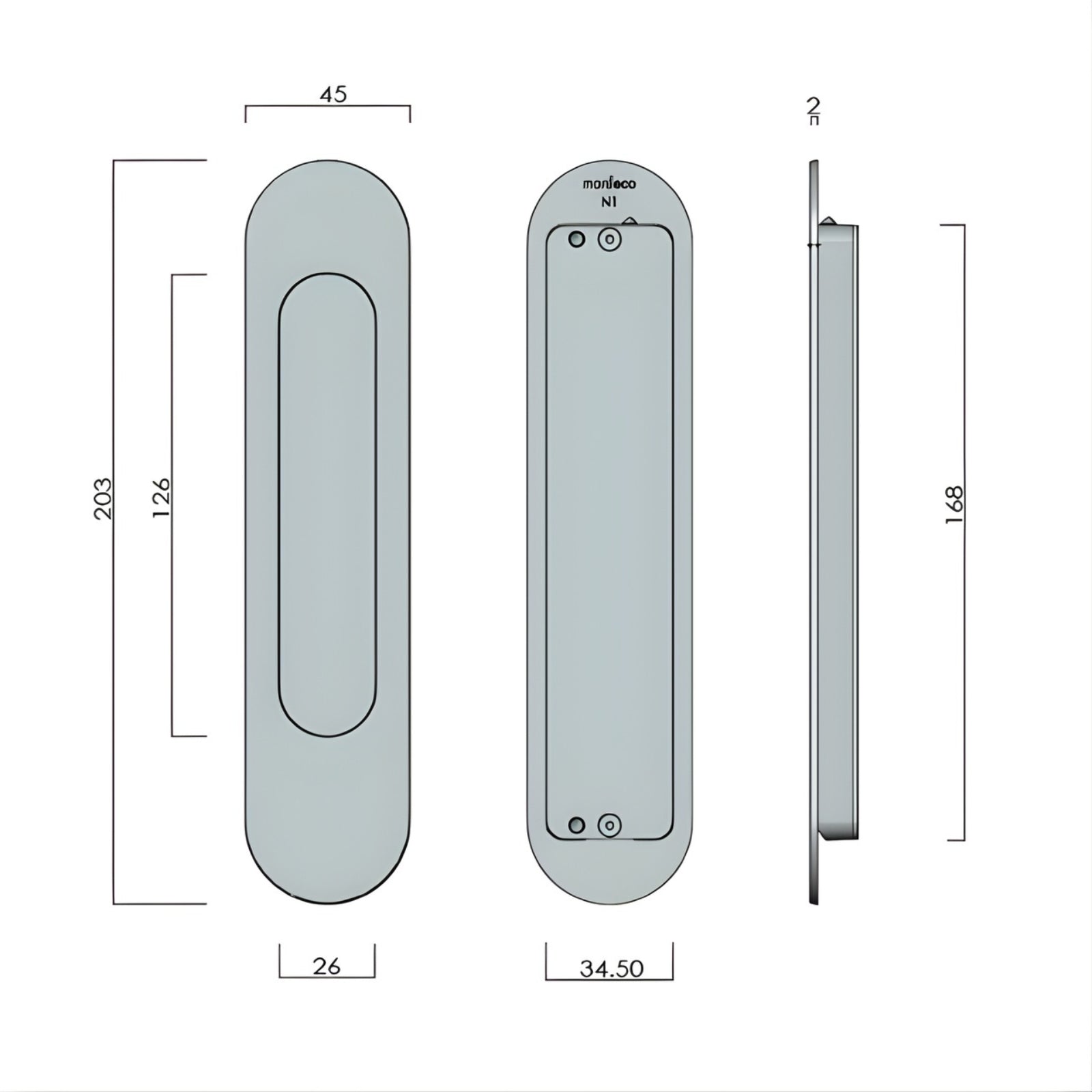 Line Drawing Nidus Mardeco radius flush pull (each) Brushed Nickel BN9002/203 - The Blue Space
