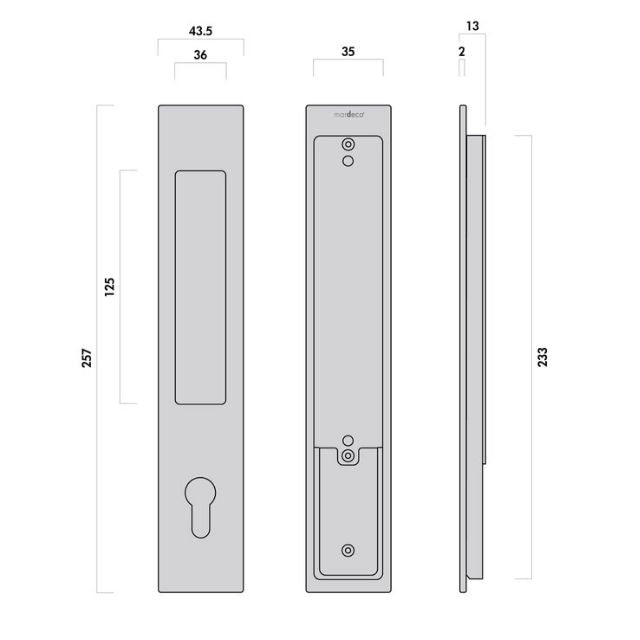 External Drawing Nidus Mardeco rectangular flush pull Euro Lock set Brushed Nickel (cylinder sold separately) BN8104/SET - The Blue Space
