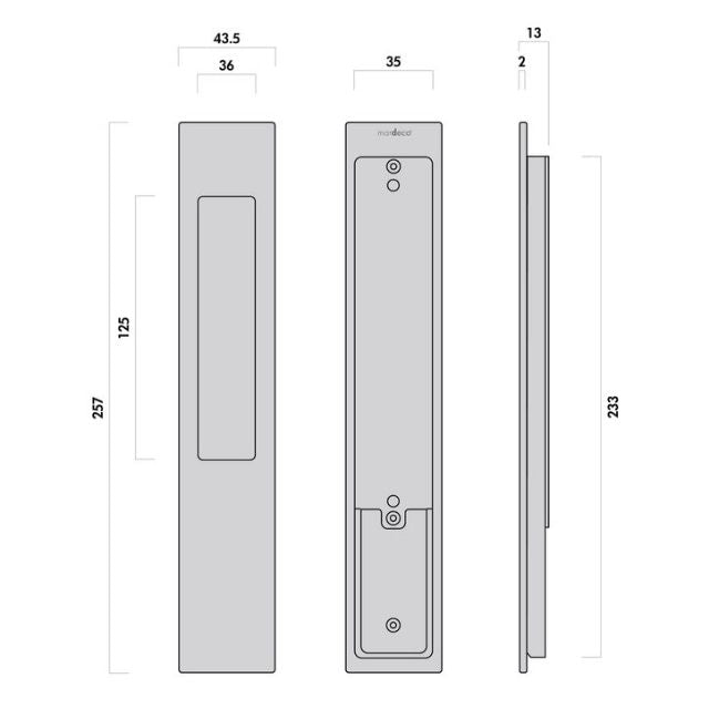 External Drawing Nidus Mardeco rectangular flush pull Snib lock set Brushed Nickel inside snib no cylinder BN8105/SET - The Blue Space