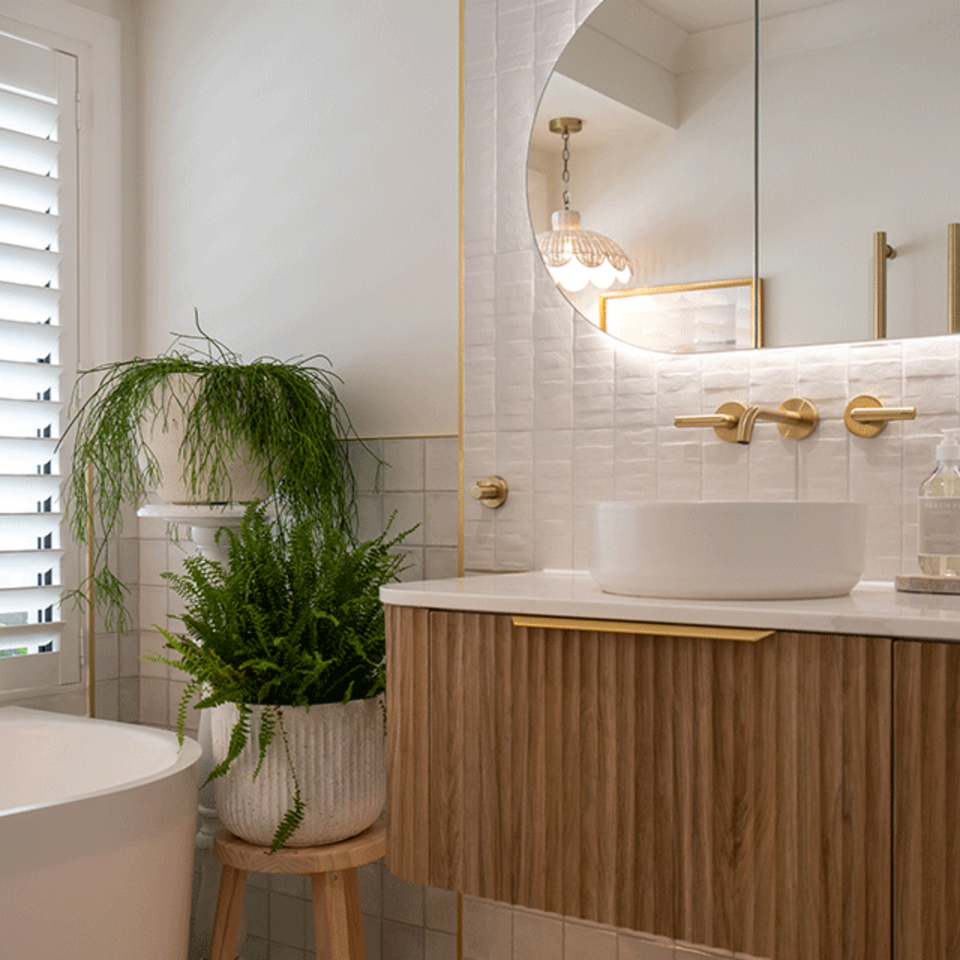 Timberline Santos Apollo Fluted Wall Hung Vanity with SilkSurface Top and Above Counter Basin