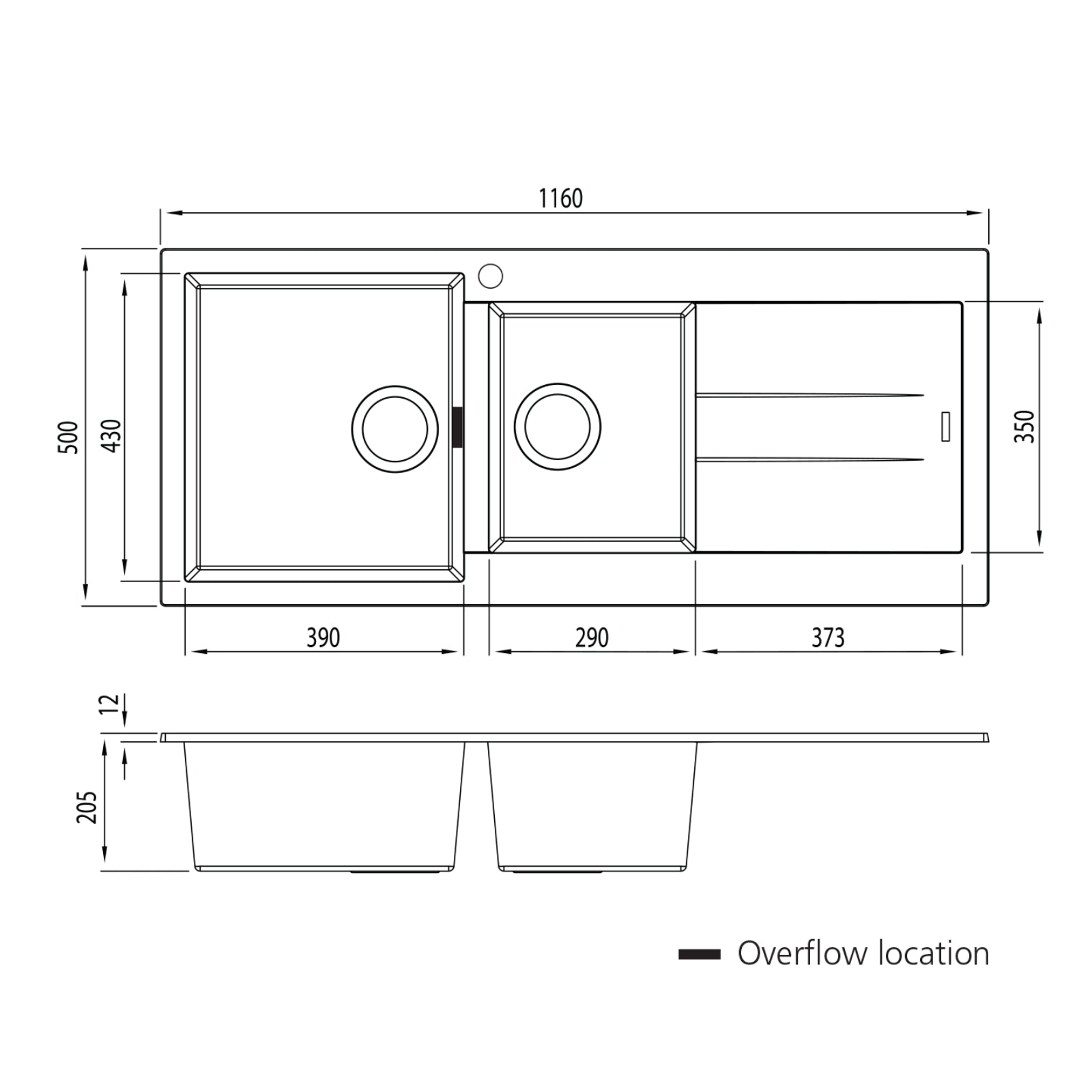 Technical Drawing Oliveri Santorini 1 & 3/4 Bowl Topmount Sink With Drainer ST-BL1511OF - The Blue Space