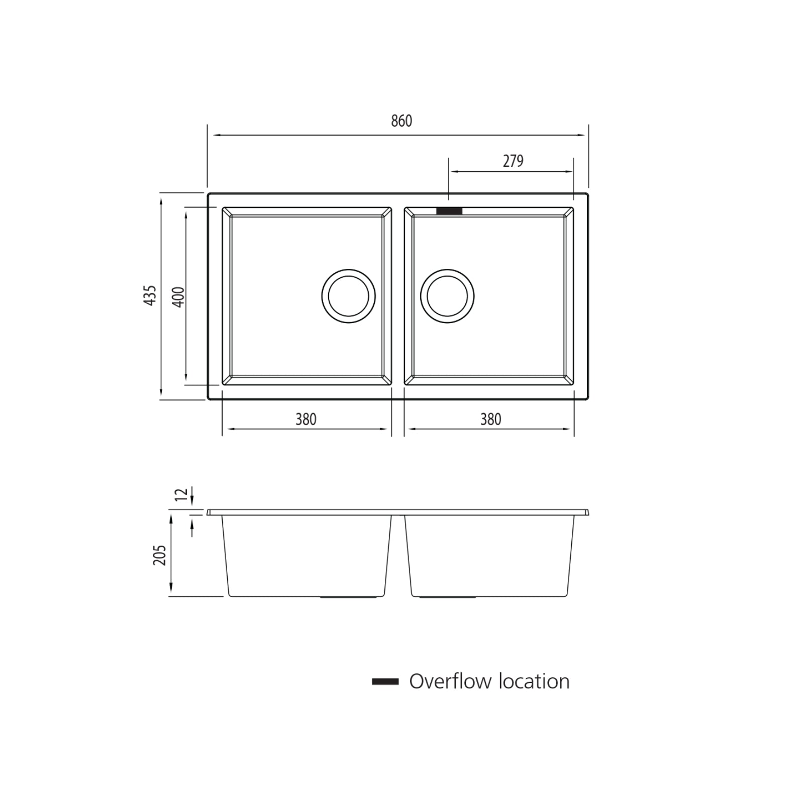 Technical drawing Oliveri Santorini Double Bowl Undermount Sink - Black with Overflow ST-BL1563UOF - The Blue Space