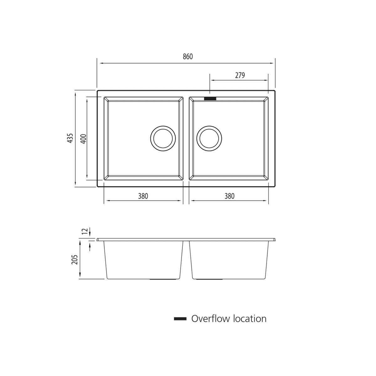 Technical drawing Oliveri Santorini Double Bowl Undermount Sink - Black with Overflow ST-BL1563UOF - The Blue Space