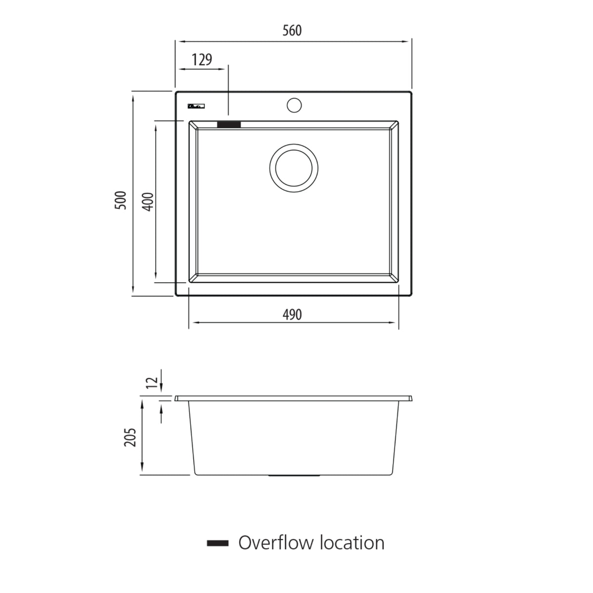 Technical Drawing Oliveri Santorini Large Bowl Topmount Sink with Overflow ST-BL1551OF - The Blue Space