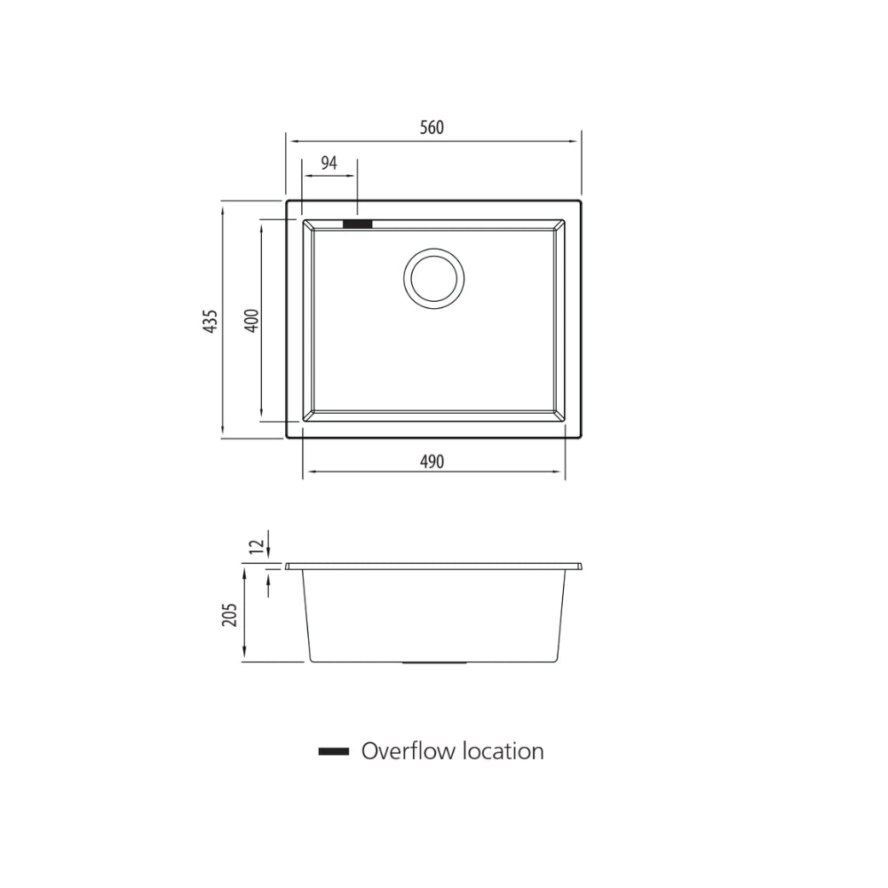 Technical Drawing Oliveri Santorini Large Bowl Undermount Sink - Black with Overflow ST-BL1550UOF - The Blue Space