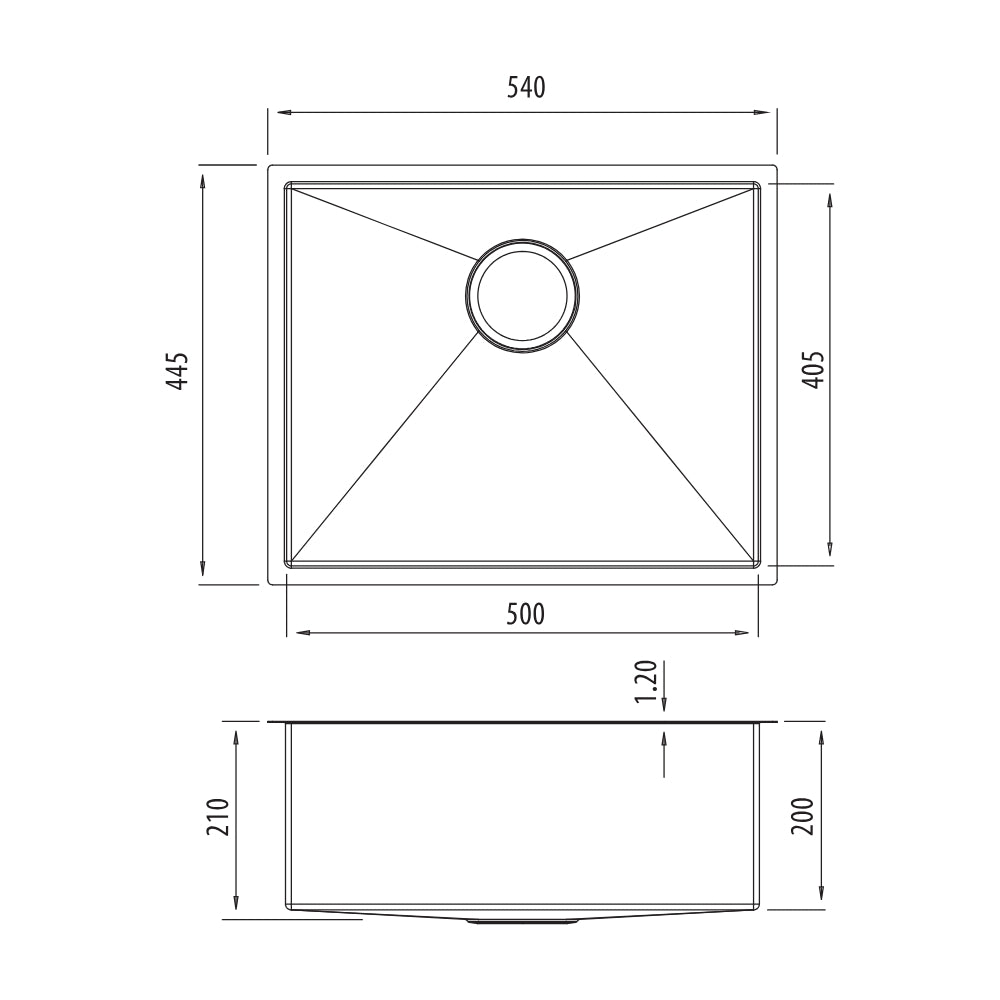 Technical Drawing Oliveri Spectra Single Bowl Sink - Black SB50BK - The Blue Space