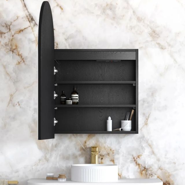 Otti Archie LED Shaving Cabinet Black Oak Front View with Right Door Cabinet Open LED-ARSV9060B-VP | The Blue Space