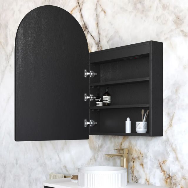 Otti Archie LED Shaving Cabinet Black Oak Side View with Cabinet Open LED-ARSV9060B-VP | The Blue Space