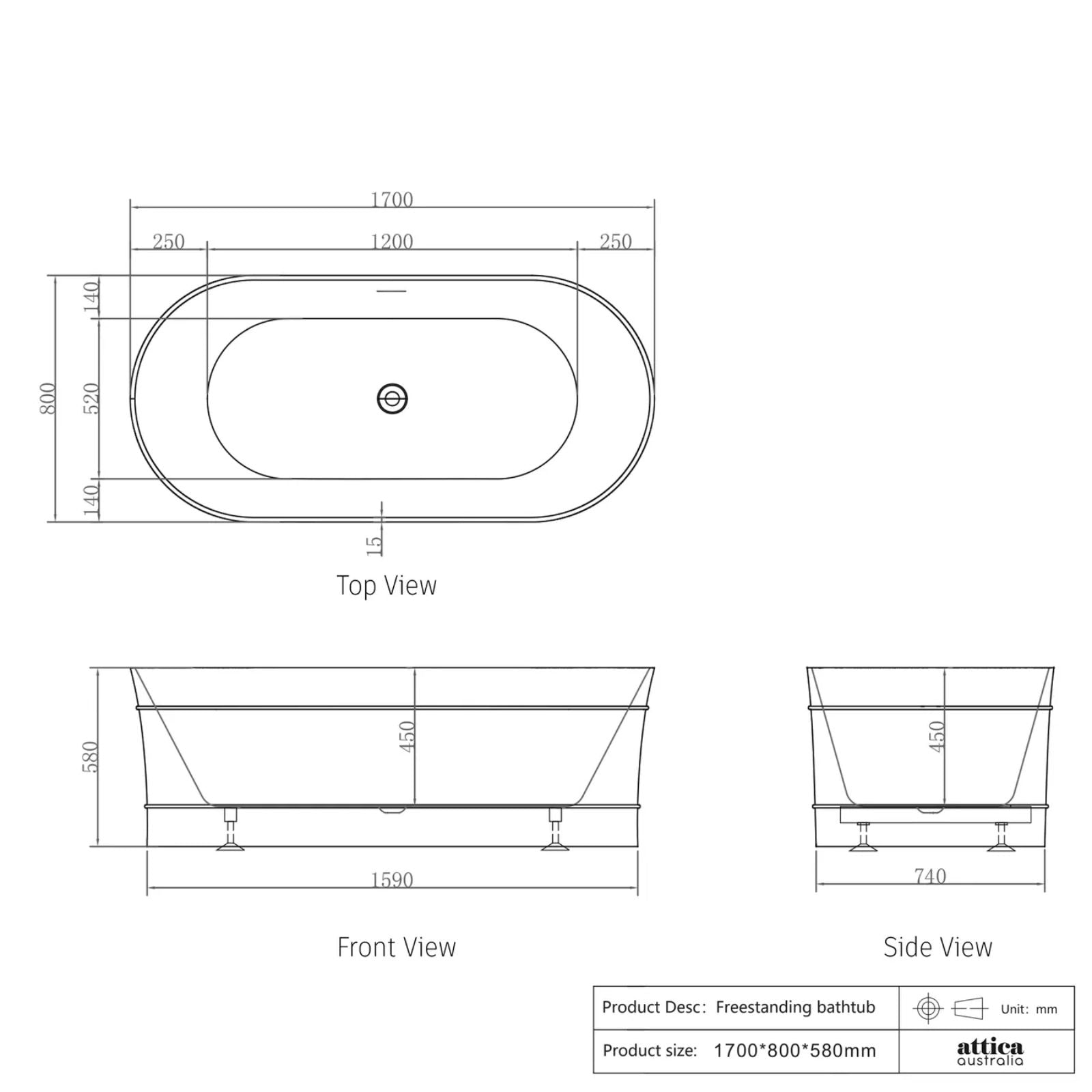 Technical Drawing Otti Attica Bondi 1700x800x580 Matte White Bath with Overflow & No Waste Included ABBT-1700-MW-OF - The Blue Space