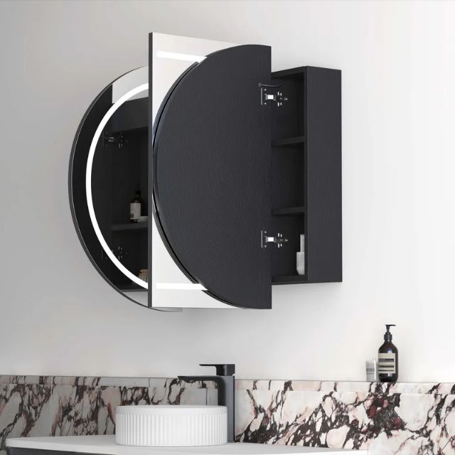 Otti Bondi 1200 LED Shaving Cabinet Black Oak Side View with All Cabinet Door Open LED-BOSV1275B-VP | The Blue Space