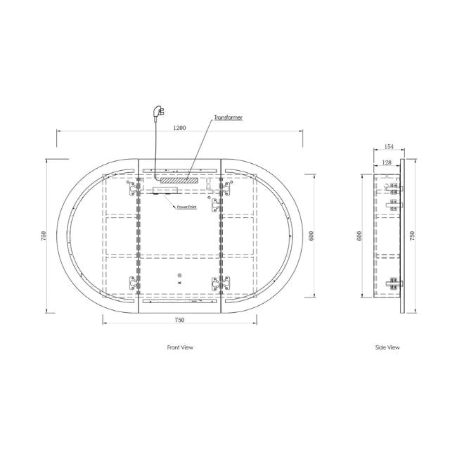 Otti Bondi 1200 LED Shaving Cabinet Black Oak Technical Drawing LED-BOSV1275B-VP | The Blue Space