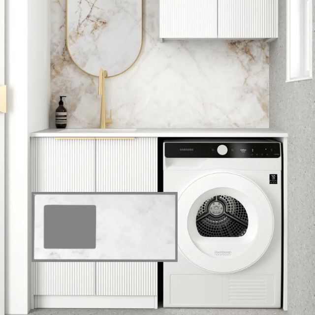 Otti Bondi 1305mm Fluted Laundry Set A - White with Cloudy Carrara Solid Surface Stone Top LA-1305A-BOW-CA-KIT | The Blue Space