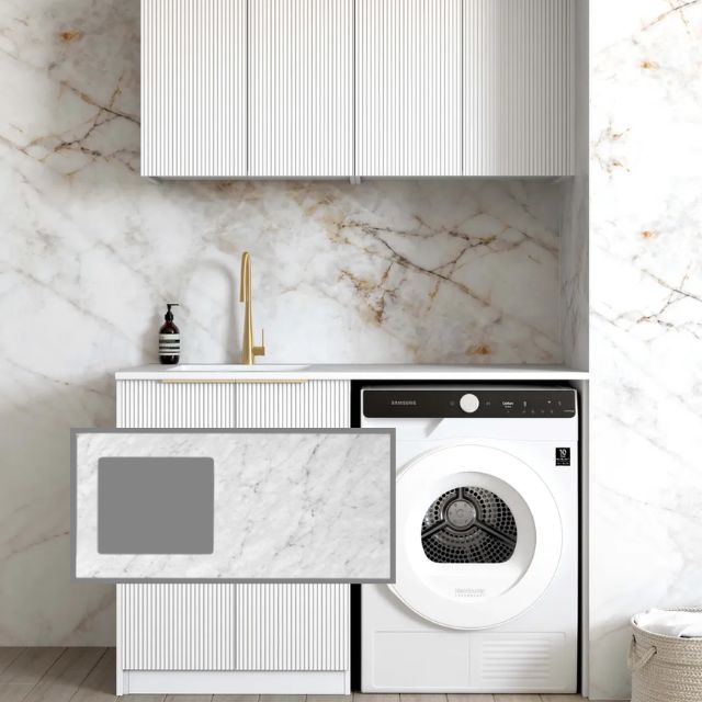 Otti Bondi 1305mm Fluted Laundry Set B - White with Black Carrara Marble Stone Top LA-1305B-BOW-NCA-KIT | The Blue Space