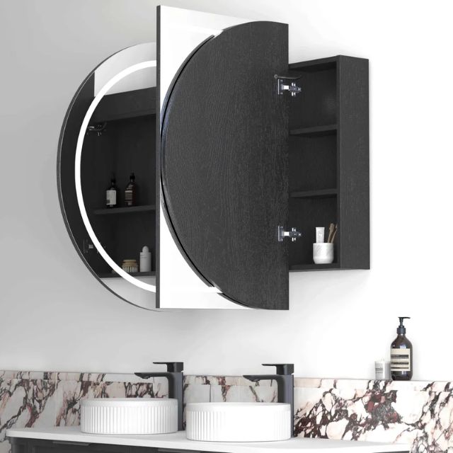 Otti Bondi 1500 LED Shaving Cabinet Black Oak Side View with All Cabinet Door Open LED-BOSV1590B-VP | The Blue Space