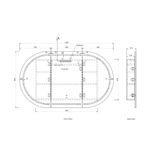 Otti Bondi 1500 LED Shaving Cabinet Natural Oak Technical Drawing LED-BOSV1590N-VP | The Blue Space
