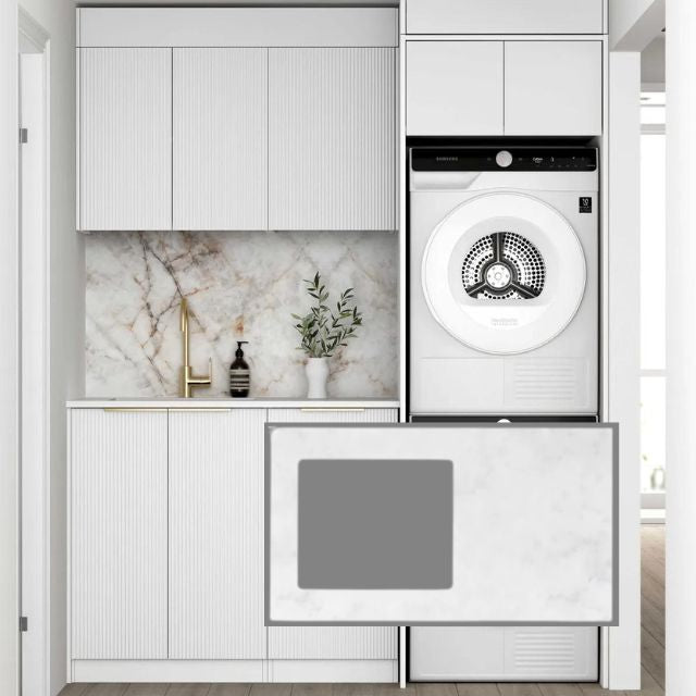 Otti Bondi 1715mm Fluted Laundry Set C - White with Cloudy Carrara Solid Surface Stone Top LA-1715C-BOW-CA-KIT | The Blue Space