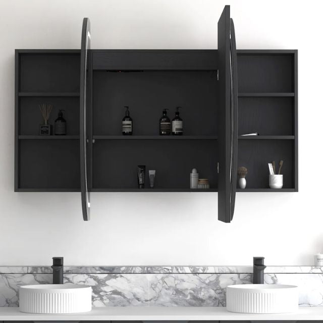 Otti Bondi 1800 LED Shaving Cabinet Black Oak Front View with All Door Open LED-BOSV1890B-VP | The Blue Space