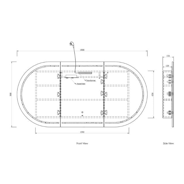 Otti Bondi 1800 LED Shaving Cabinet Black Oak Technical Drawing LED-BOSV1890B-VP | The Blue Space