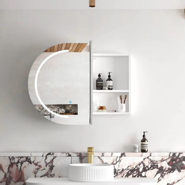 Otti Bondi 900 LED Shaving Cabinet Matte White Front View with Right Cabinet Open LED-BOSV9060W-VP | The Blue Space
