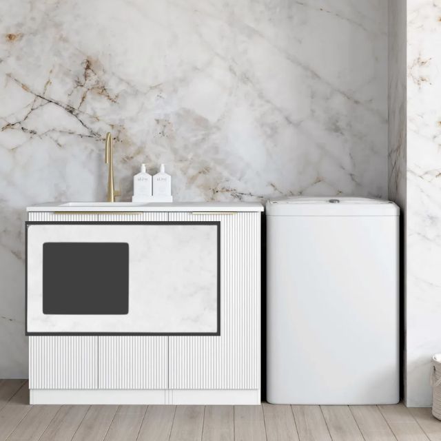 Otti Bondi White 1060mm Fluted Laundry Cabinet Set Cloudy Carrara Solid Surface LA-1060-BOW-CA-KIT | The Blue Space