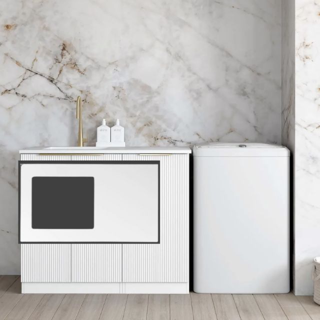 Otti Bondi White 1060mm Fluted Laundry Cabinet Set Matte White Solid Surface LA-1060-BOW-MW-KIT | The Blue Space