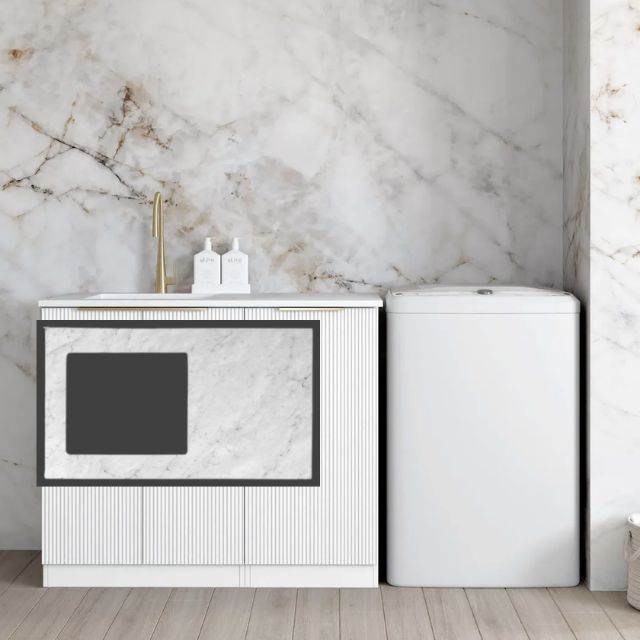 Otti Bondi White 1060mm Fluted Laundry Cabinet Set Natural Carrara Marble LA-1060-BOW-NCA-KIT | The Blue Space