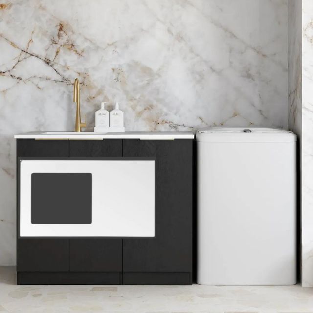 Otti Byron Black Oak 1060mm Laundry Cabinet Set Matte White Solid Surface LA-1060-BYB-MW-KIT | The Blue Space