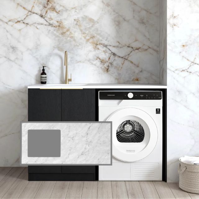 Otti Byron Black Oak 1300mm Laundry Cabinet Set with Natural Carrara Marble Stone Top LA-1300-BYB-NCA-KIT | The Blue Space