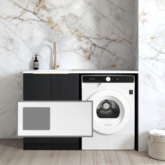 Otti Byron Black Oak 1300mm Laundry Cabinet Set with Pure White Solid Surface Stone Top LA-1300-BYB-PW-KIT | The Blue Space