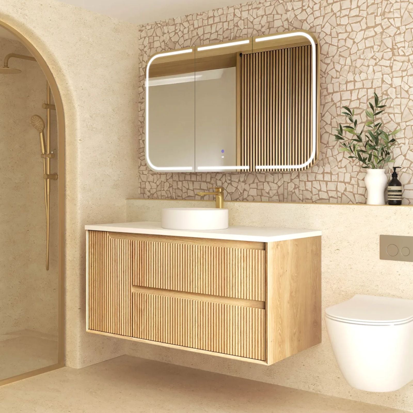 Otti Byron Fluted Woodland Oak Wall Hung Vanity with Matte White Top BYW1200LSTUD-MW - The Blue Space