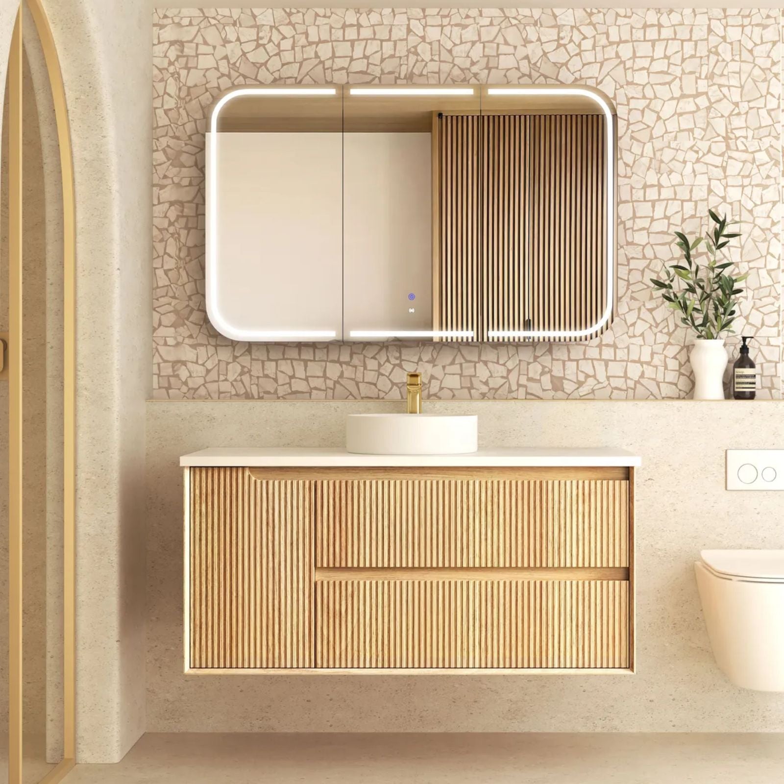 Otti Byron Fluted Woodland Oak Wall Hung Vanity with Matte White Top BYW1200LSTUD-MW - The Blue Space
