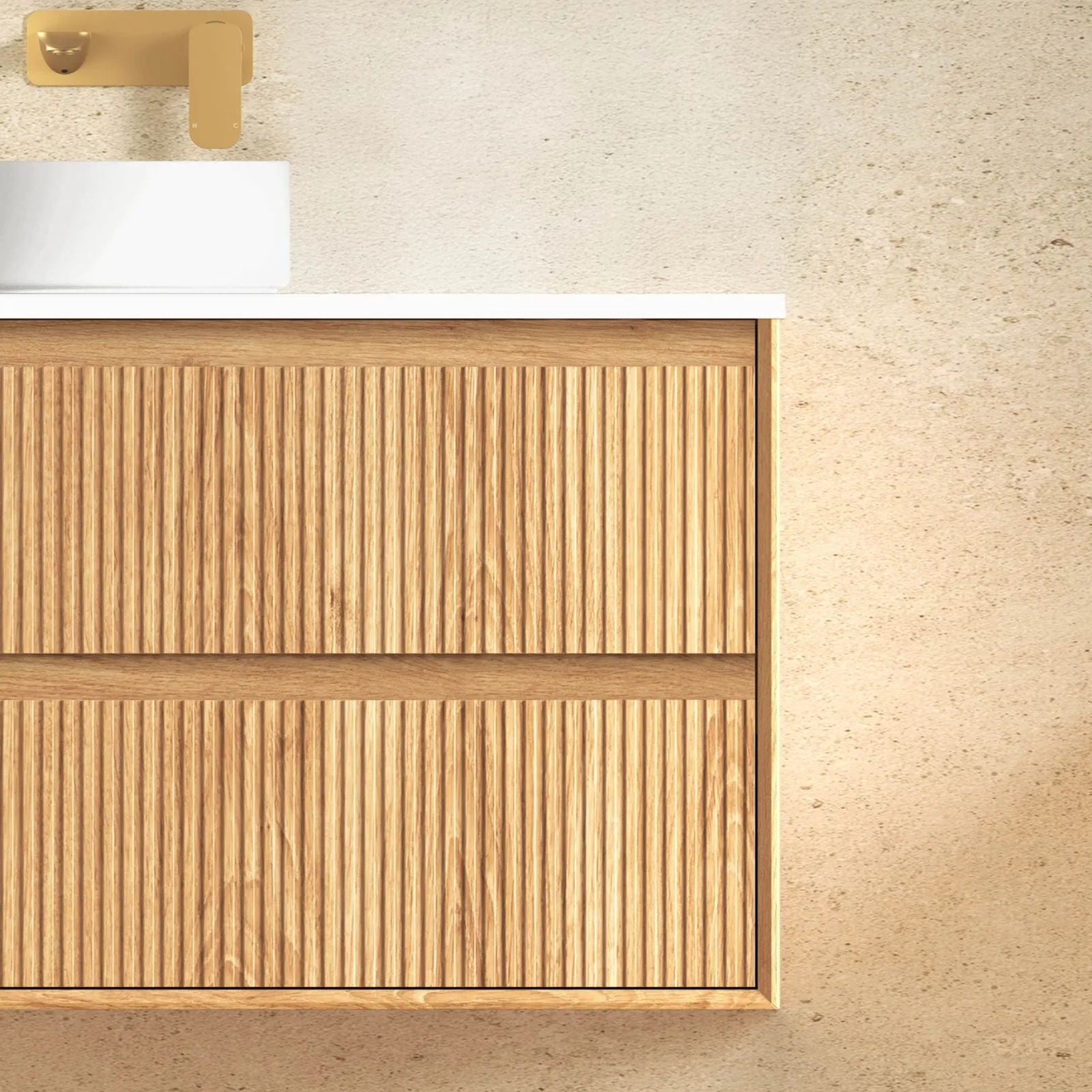 Otti Byron Fluted Woodland Oak Wall Hung Vanity with Matte White Top BYW1200LSTUD-MW - The Blue Space