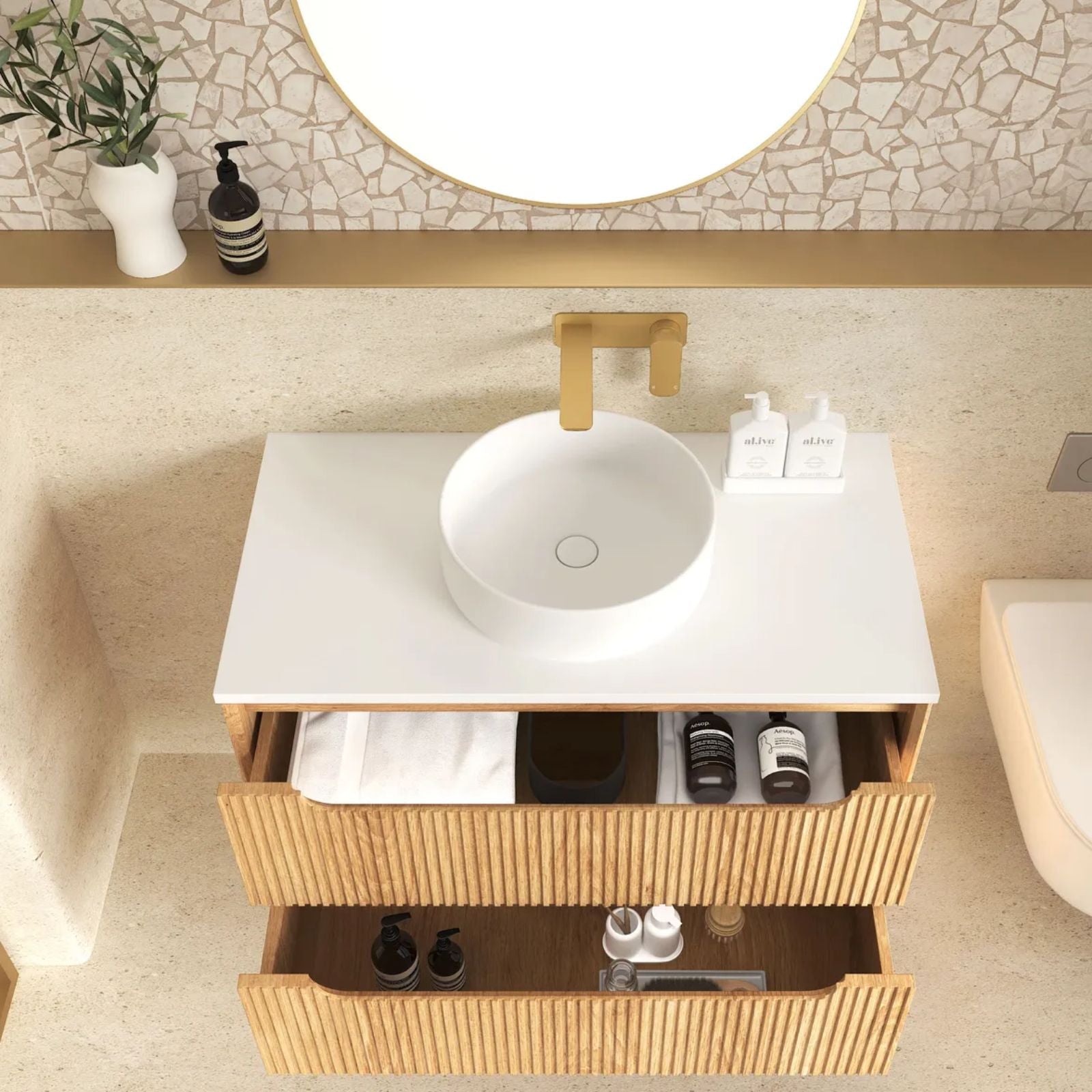 Otti Byron Fluted Woodland Oak Wall Hung Vanity with Pure White Top BYW750LSTUD-PW - The Blue Space